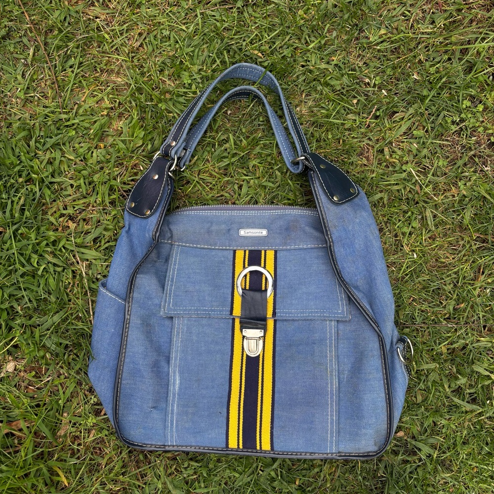 Vintage Samsonite Blue Denim satchel Bag with Yellow Stripe